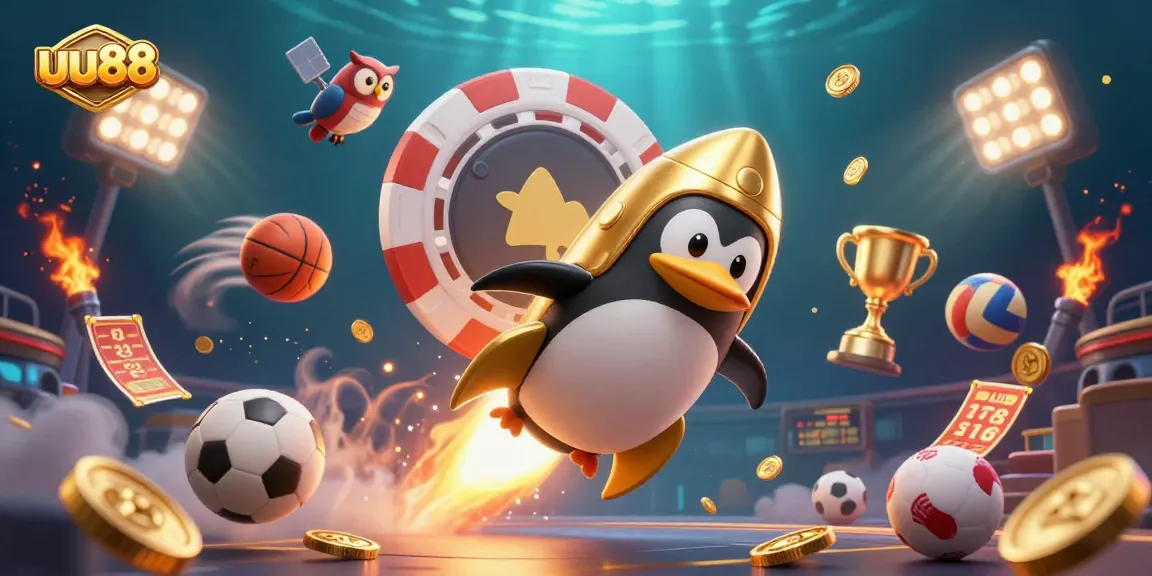 uu88's explosive casino adventure features a golden penguin zooming past sports balls and a poker chip station.