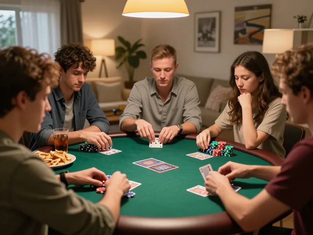 Exciting poker players enjoying a friendly game using slot deposit 1000 strategy at home.