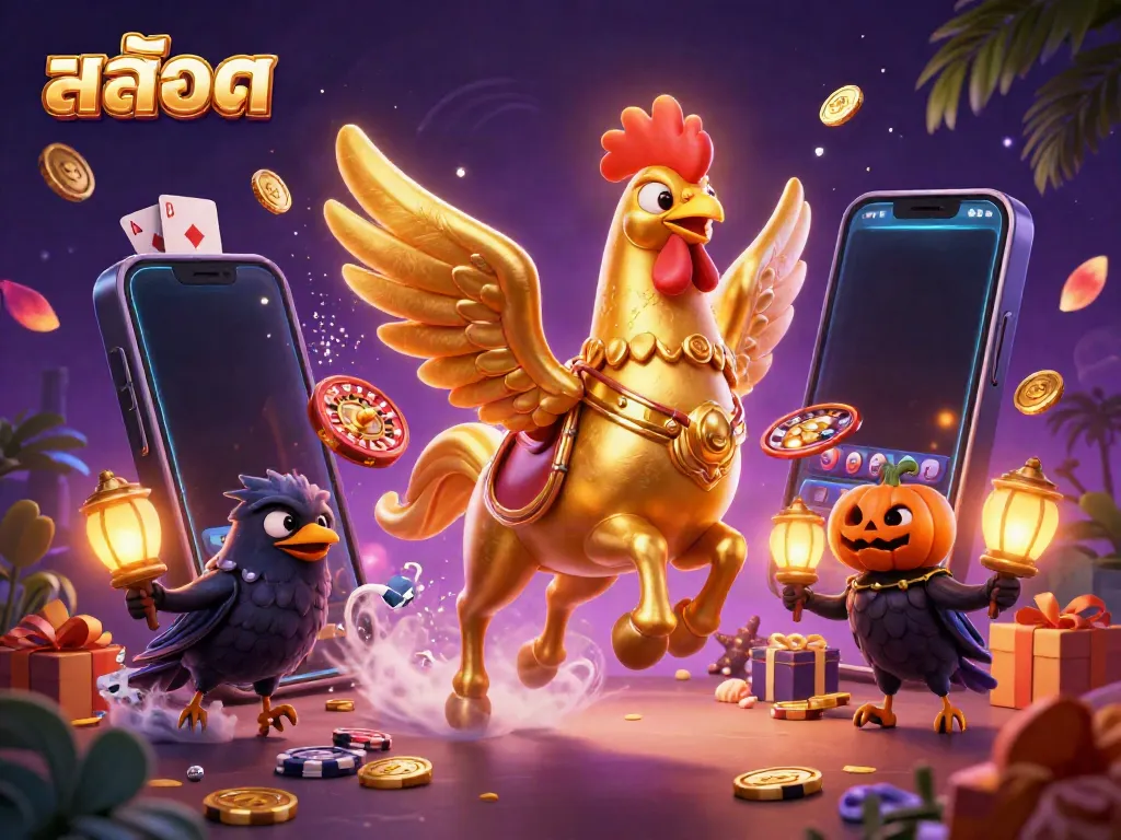 Experience the thrill of สล็อต with a golden rooster and spectral horse in a magical casino scene.