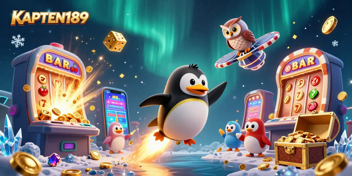KAPTEN189 menyajikan ilustrasi kasino dengan penguin emas meluncur ke ruang angkasa dan slot mesin jackpot yang meledak.