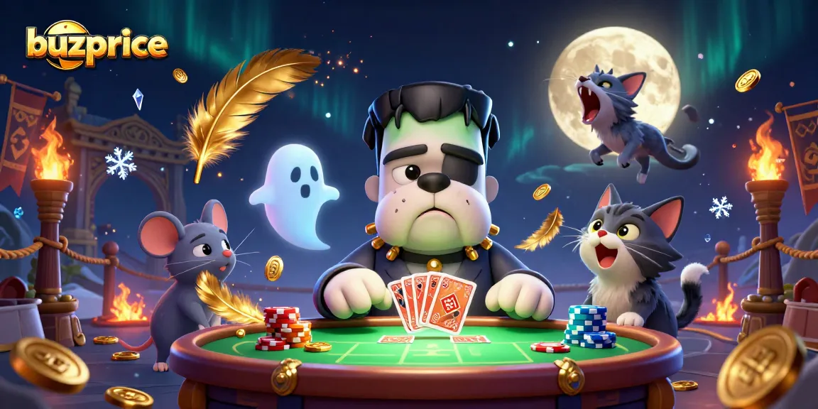 buzprice casino scene featuring a Frankenstein bulldog monster dealing cards with a ghost mouse and werewolf kitten.