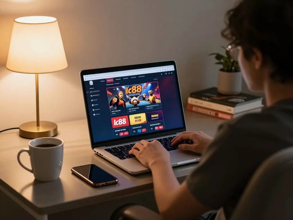 Player exploring lc88 online casino at home with laptop, mug, and strategy notes