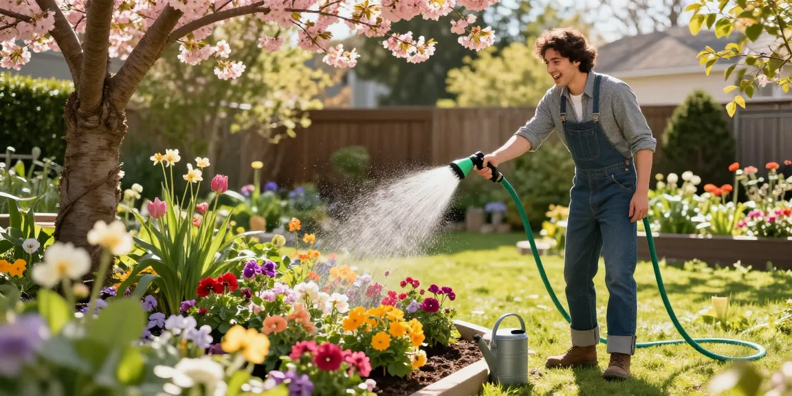 Gardener using the best hose nozzle to water colorful flower beds in a sunny backyard.