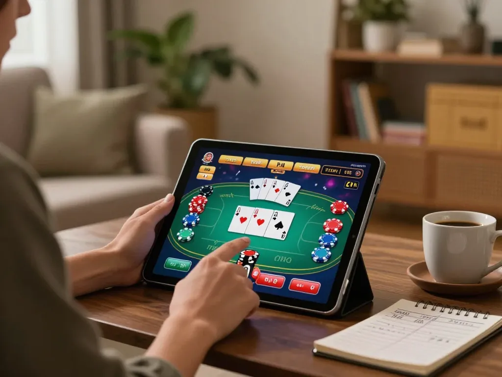 Fabet player engaging in strategic online poker game from home setup with vibrant interface