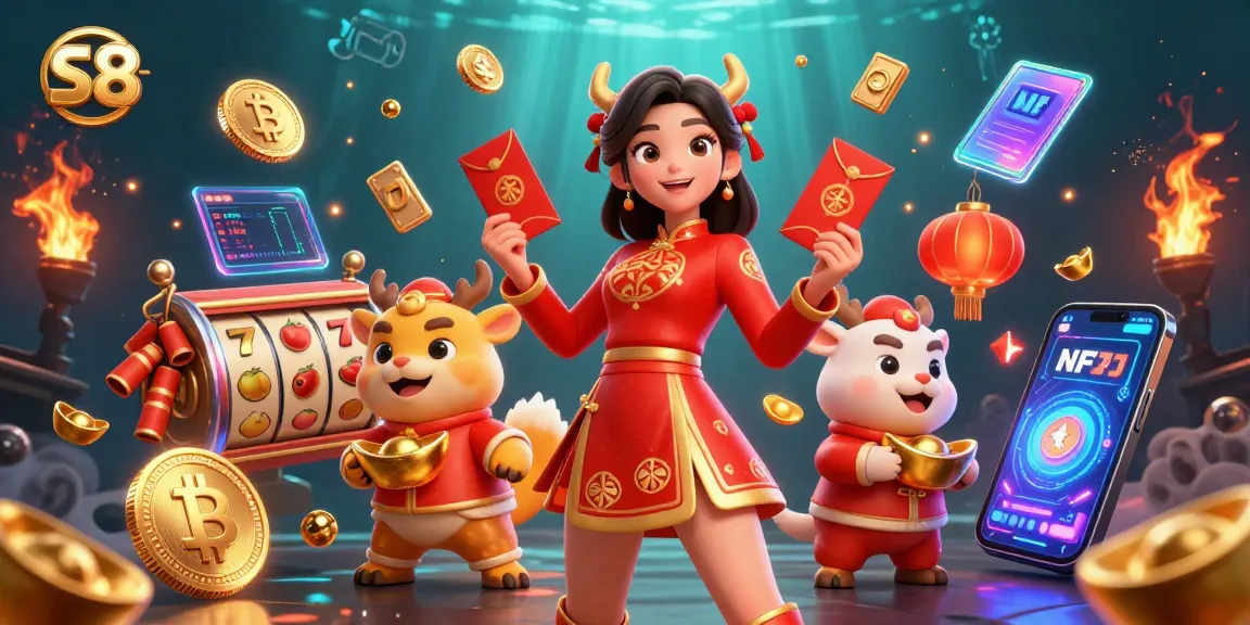 S8 presents an exciting gambling scene with a festive Asian woman and vibrant casino elements.