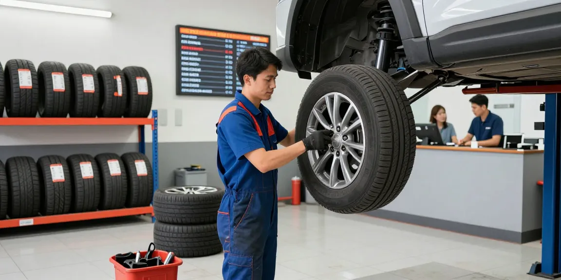 Professional mechanic performing a tire change near me in a bright automotive service center.