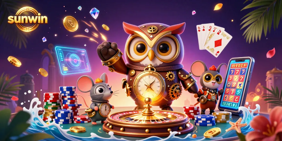 Experience thrilling gameplay at sunwin with a vibrant and dynamic 3D casino illustration showcasing steampunk characters and casino elements.