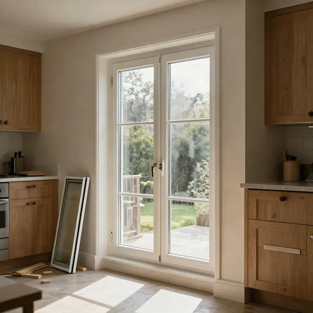 New double-glazed sash window in a warm kitchen extension with spare unit and packers