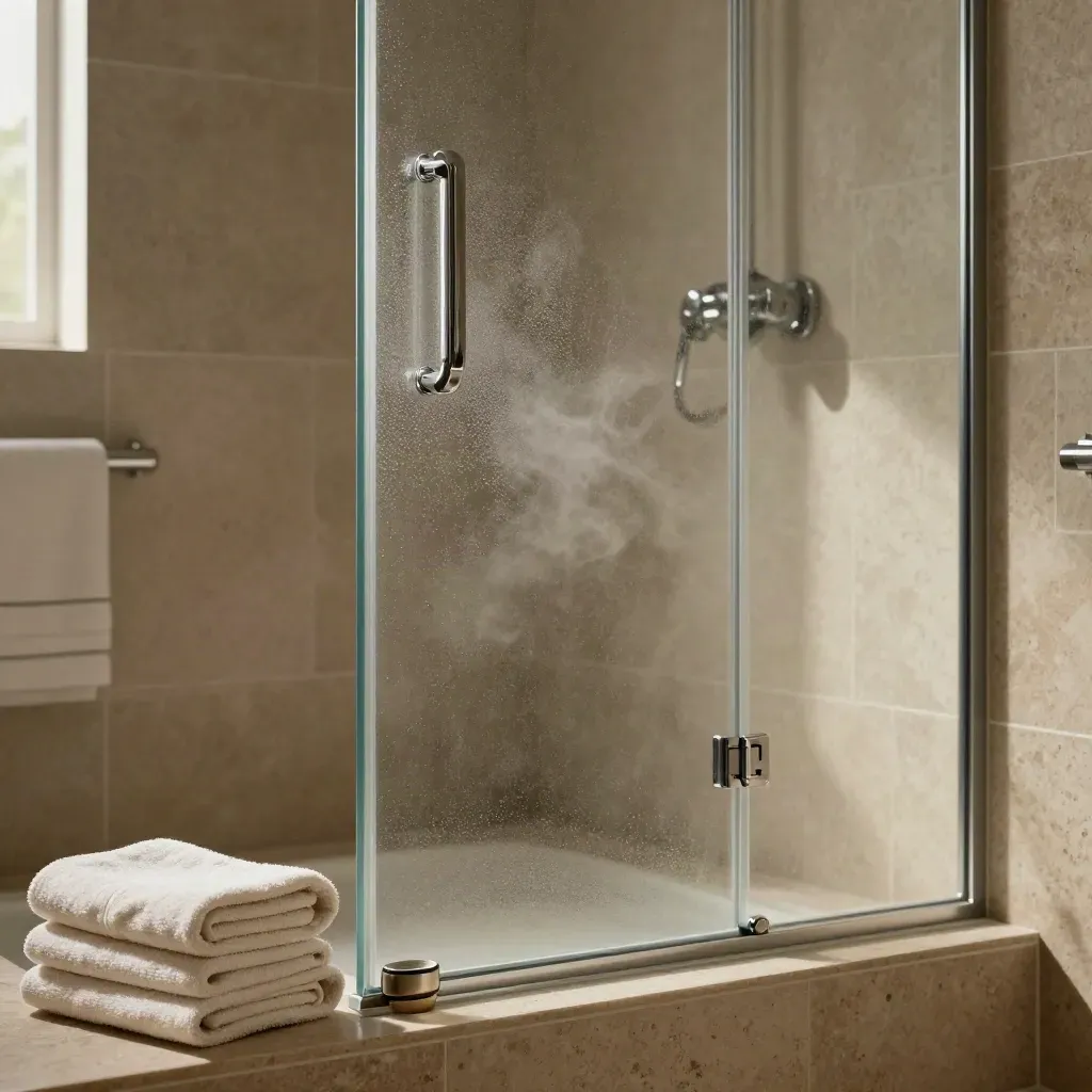 Frameless shower screen with steam, chrome hinge, towels and soap in a stone-tiled bathroom.
