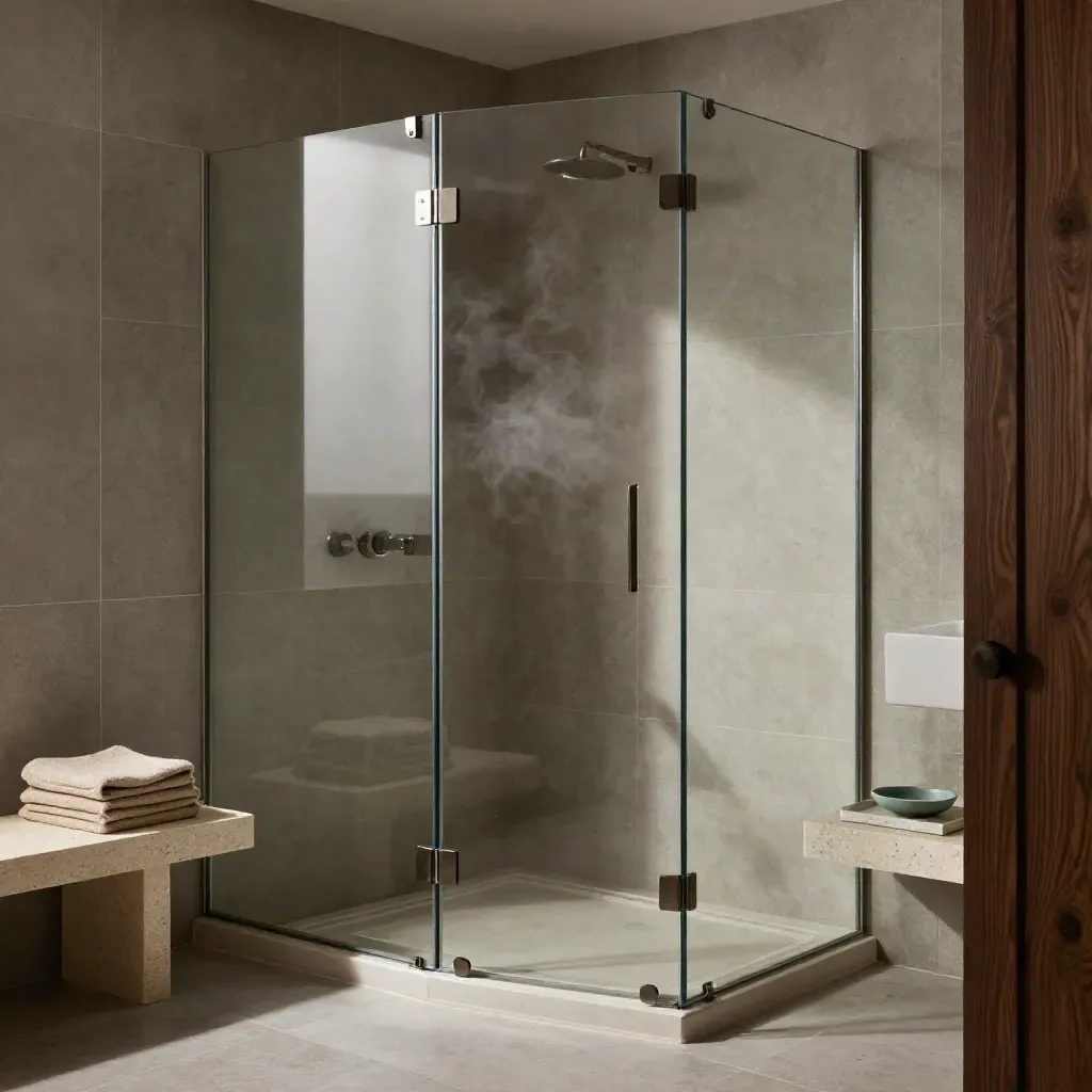 Frameless shower screen with folded towels, stone tray and soft steam in a guest-ready bathroom.