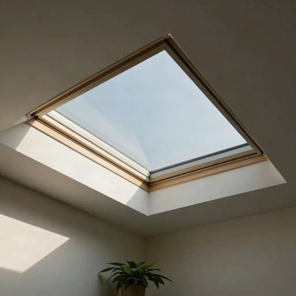 Repaired skylight over white ceiling with fresh seal, soft plant below, morning light streaming in.