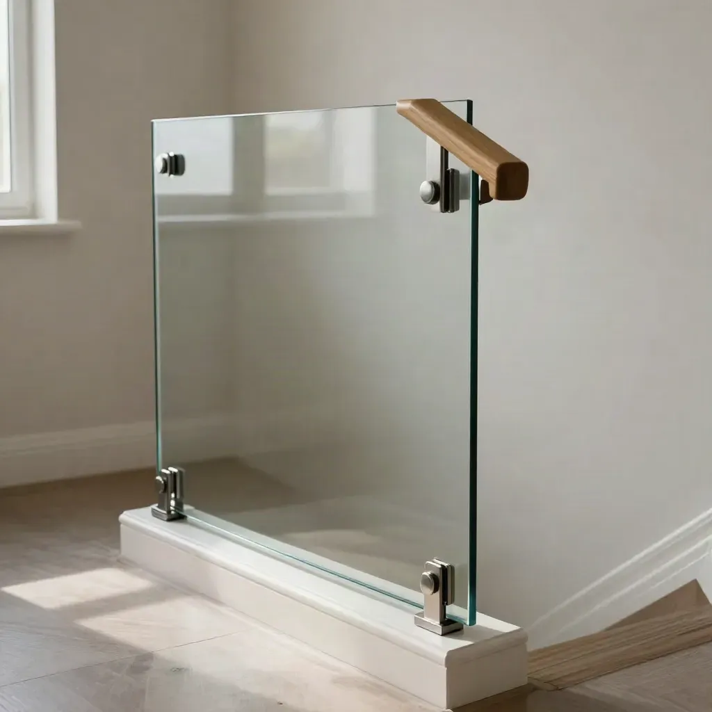 New safety glass panel on a bright rental stair landing with fresh paint and steel fittings