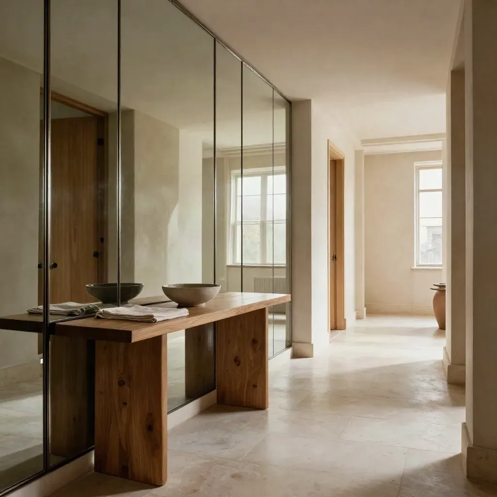 Bright mirrored hallway with oak console, pale floors, and daylight stretching the space.
