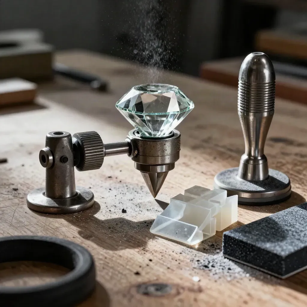 Extreme macro glazier's bench with glass cutter, suction lifter, packers and polishing stone.