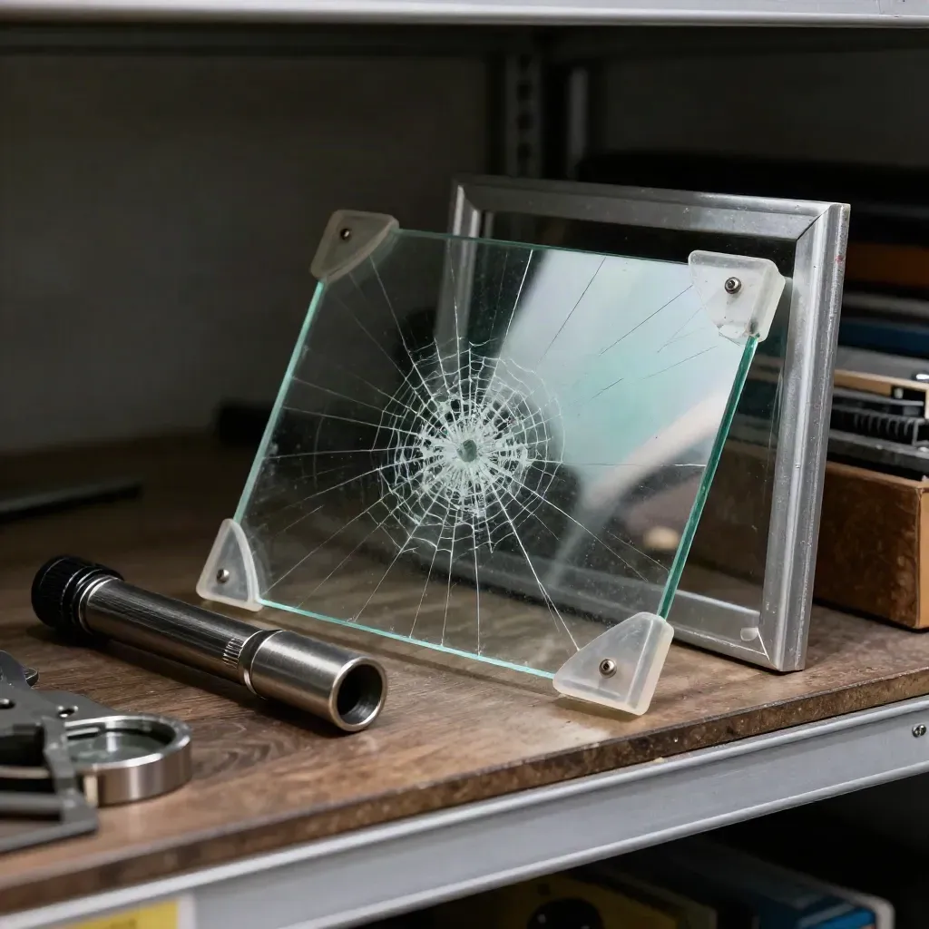 Cracked glass sample, torch, corner protectors and frame offcut on a van shelf.