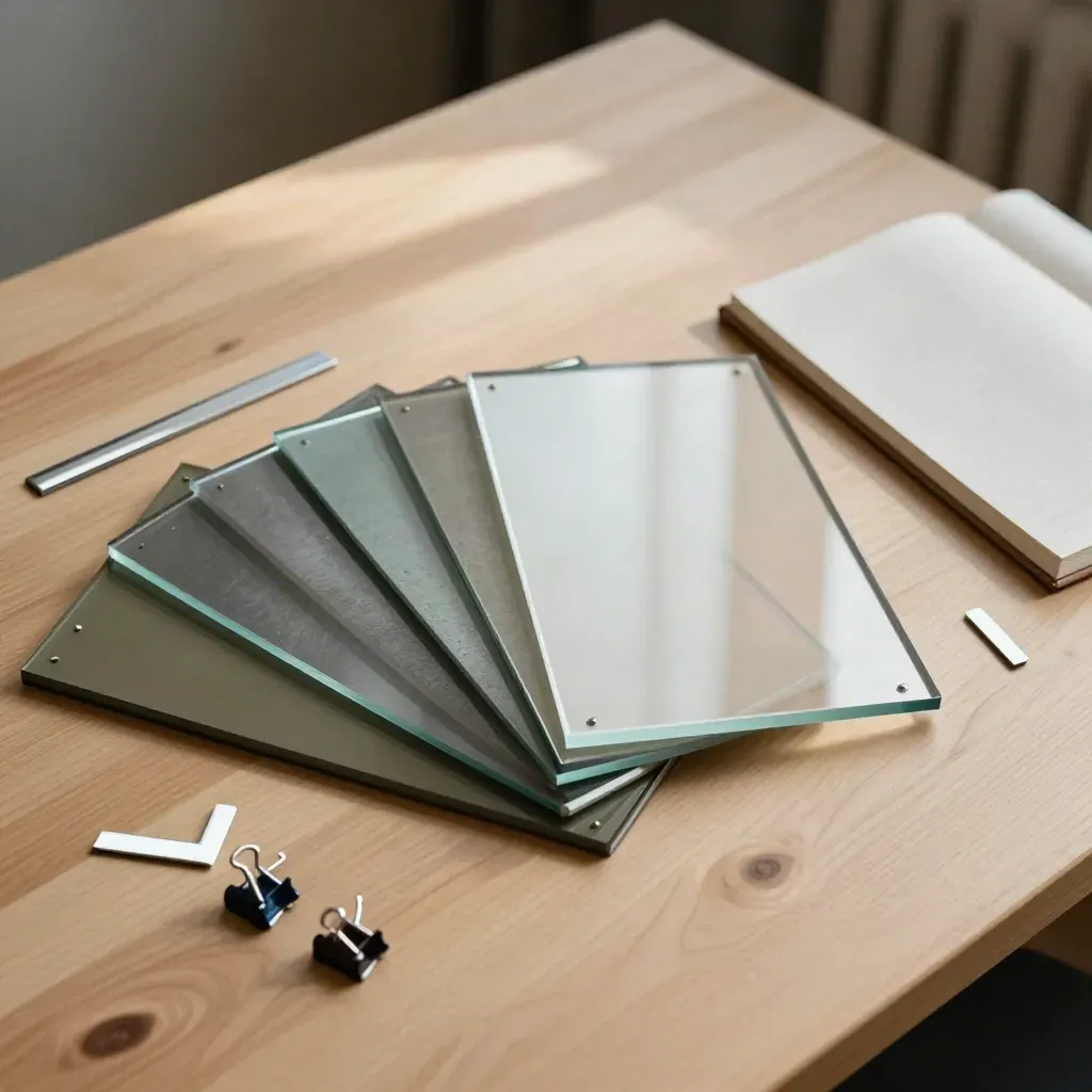 Top-down glass samples, spacer bars, notebook and color clips on a pale timber desk.