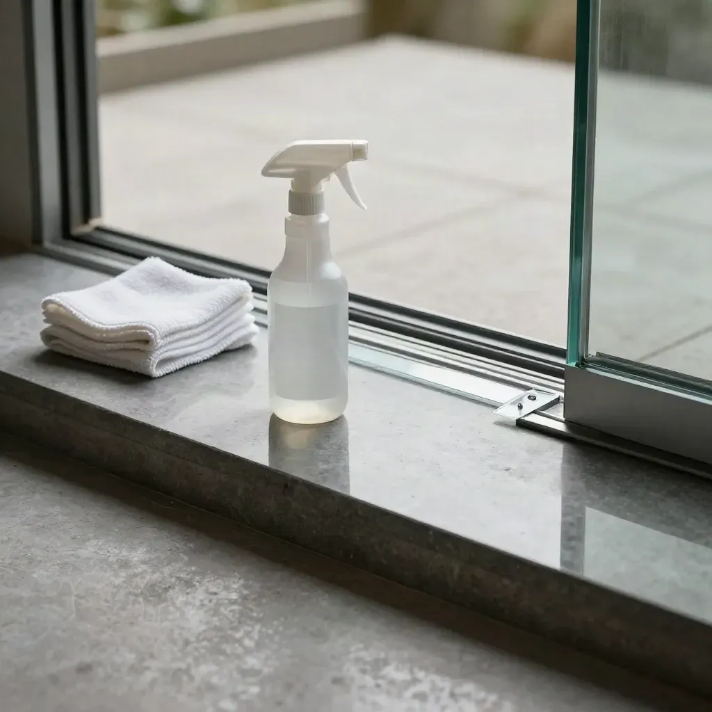 Threshold glazing still life with cloth, spray bottle, corner protector and reflected glass frame