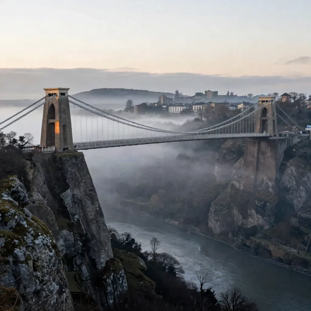 Clifton Suspension Bridge above Avon Gorge in dawn mist with Bristol rooftops high in frame