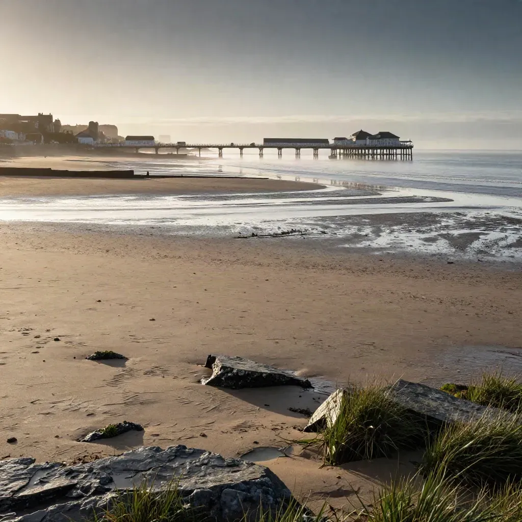 Weston-super-Mare pier above tidal flats and misty shoreline at sunset
