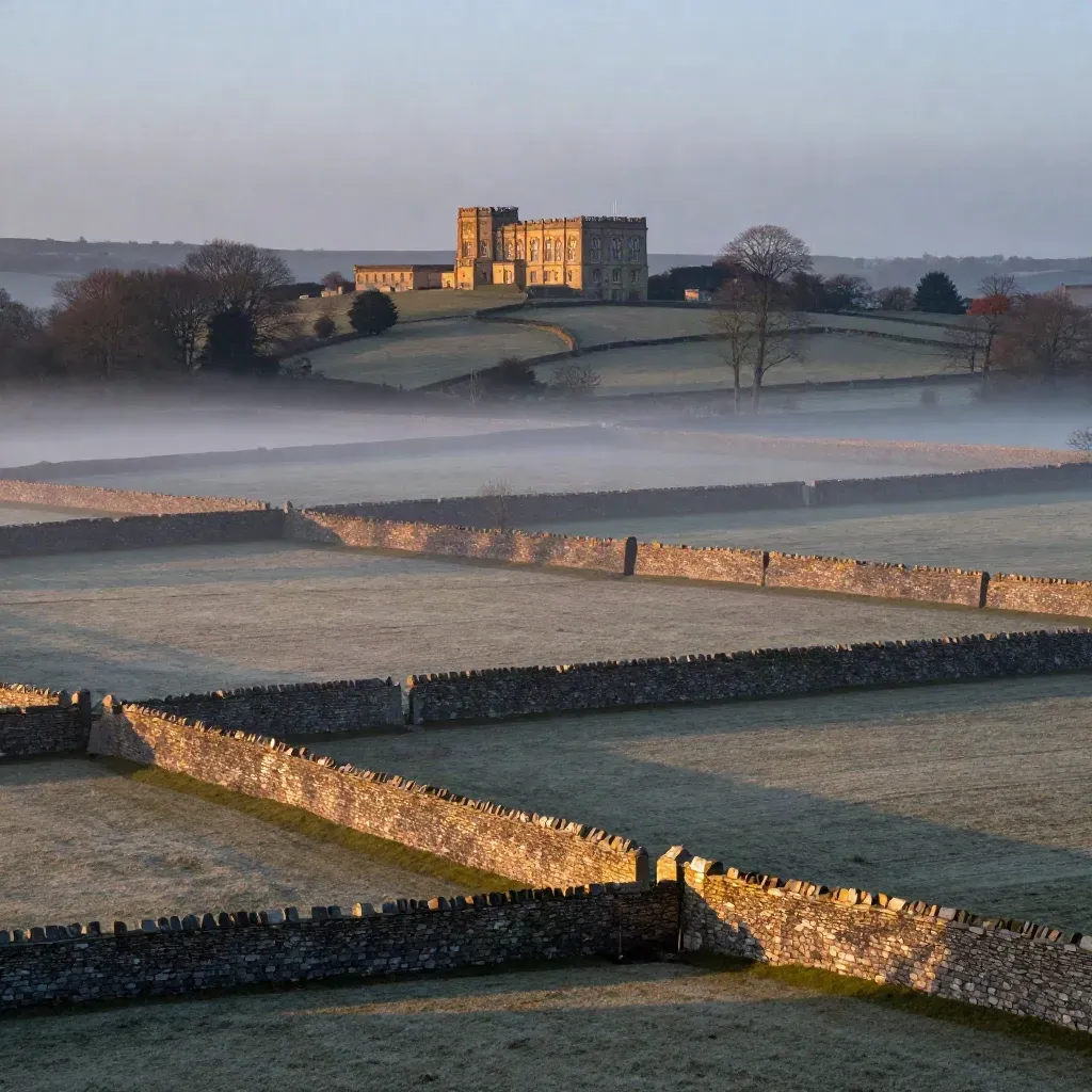 Hamstone terraces and distant Wells stonework under a misty blue-hour sky