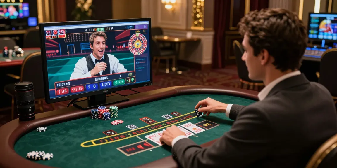 Mise en place passionnante de casino en ligne mettant en avant un joueur s'engageant dans des jeux de casino en ligne fiable avec un croupier en direct, mettant en valeur des jetons numériques et un d