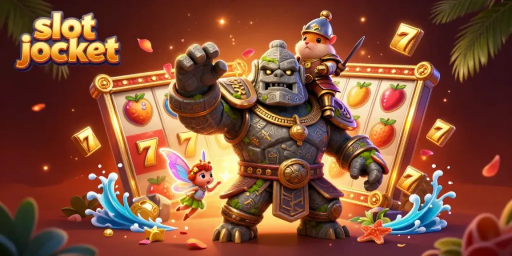 Experience the excitement of a slot jackpot in this dynamic scene featuring a magical golem and knight.