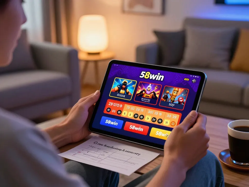Player using the 58win app on a tablet, maximizing online gambling experience in a cozy home.