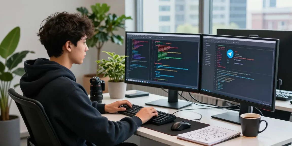 Dynamic tech workspace with developer coding telegramin-cn.com interface on dual monitors, vibrant plants, and modern office setup.