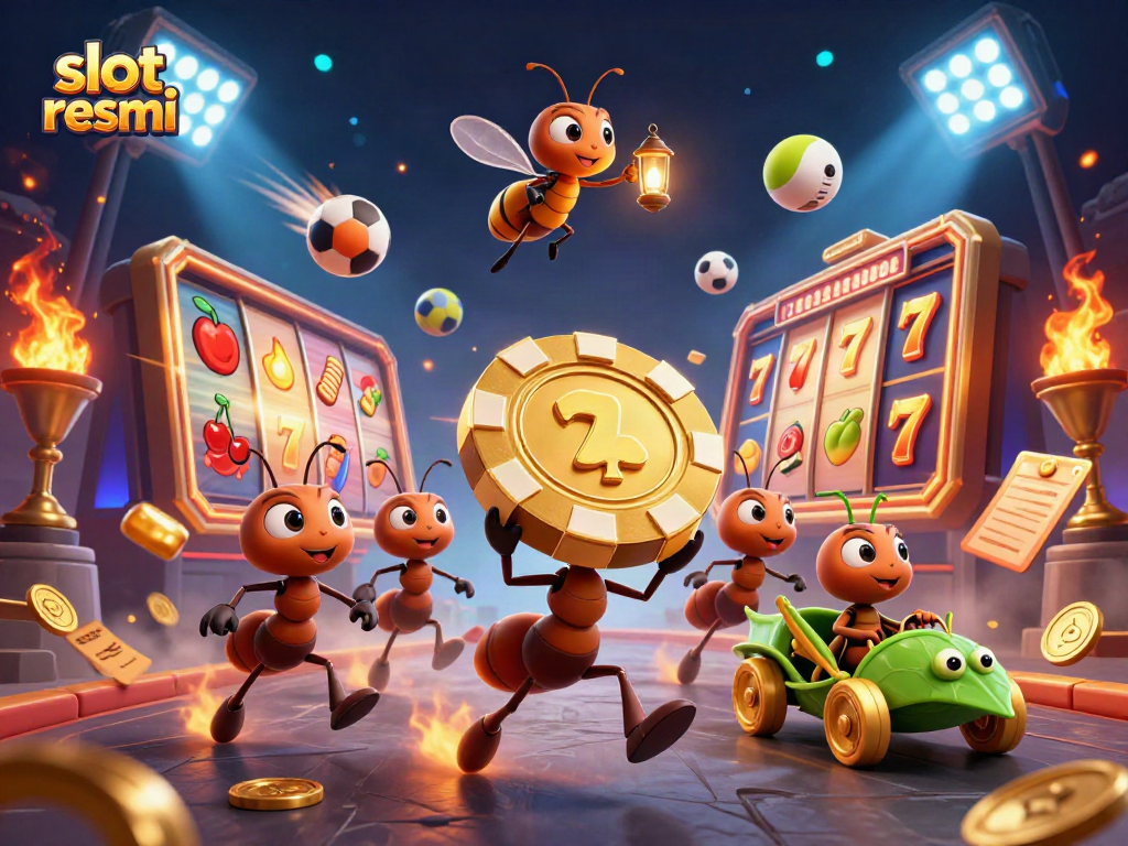 slot resmi team's heist with golden poker chip and vibrant slot elements in 3D illustration
