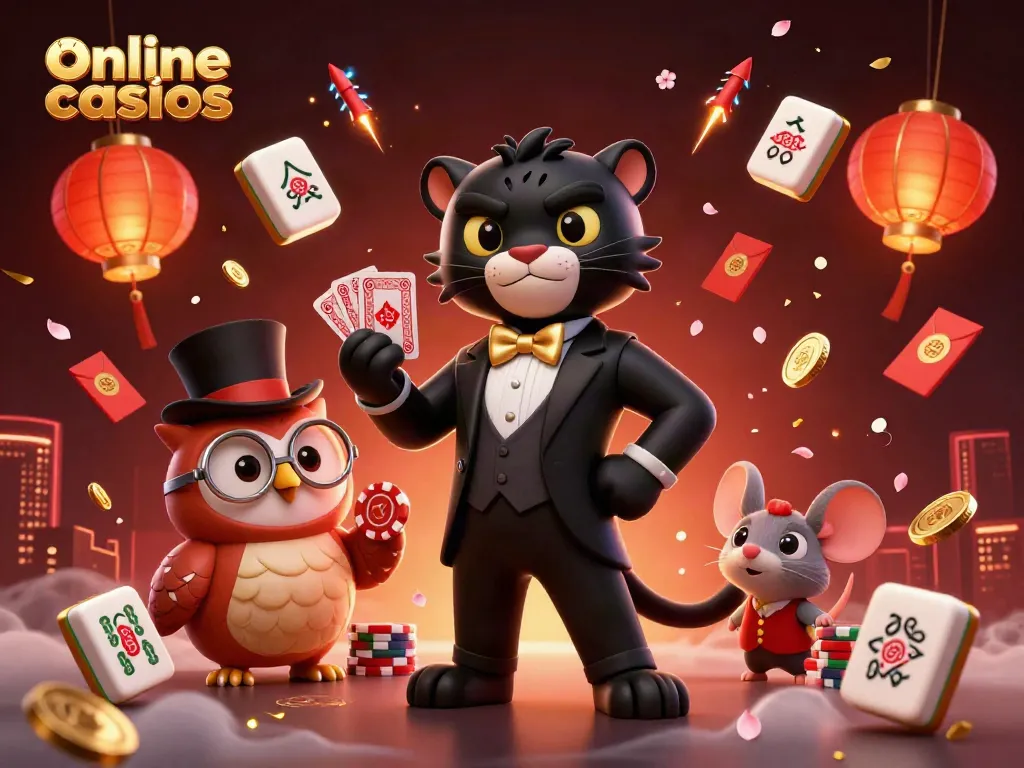 Engage with online casinos through a vibrant illustration featuring a classy panther dealing cards, a wise owl, and a lucky mouse.