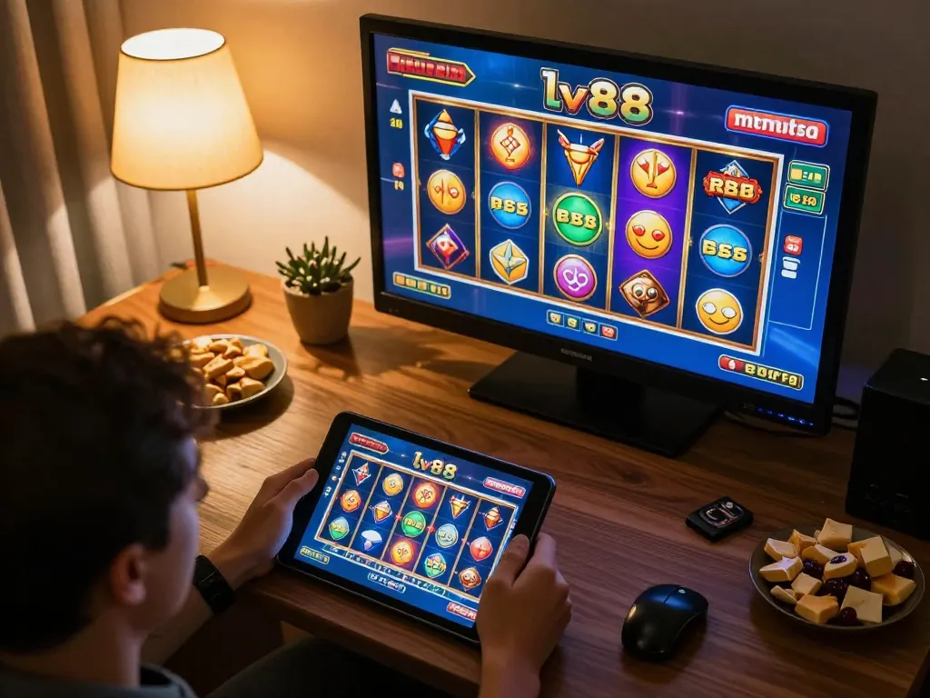 Player enjoying lv88 slot games on a tablet in a cozy home setting, encapsulating relaxed online gambling.