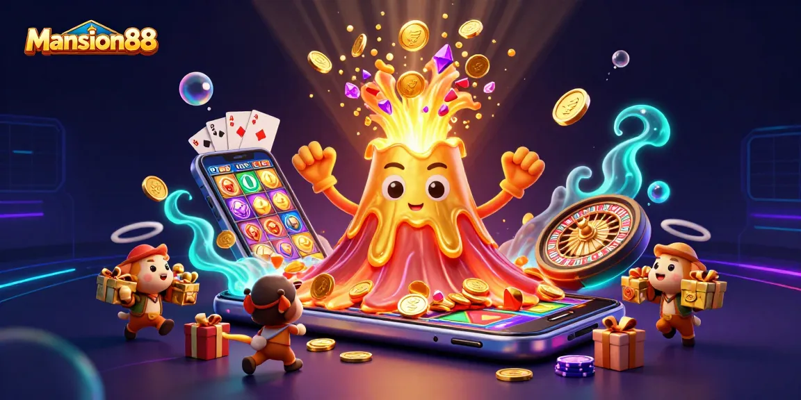 Mansion88 elevates online gaming excitement with a vibrant 3D illustration showcasing thrilling slot games and casino adventures.
