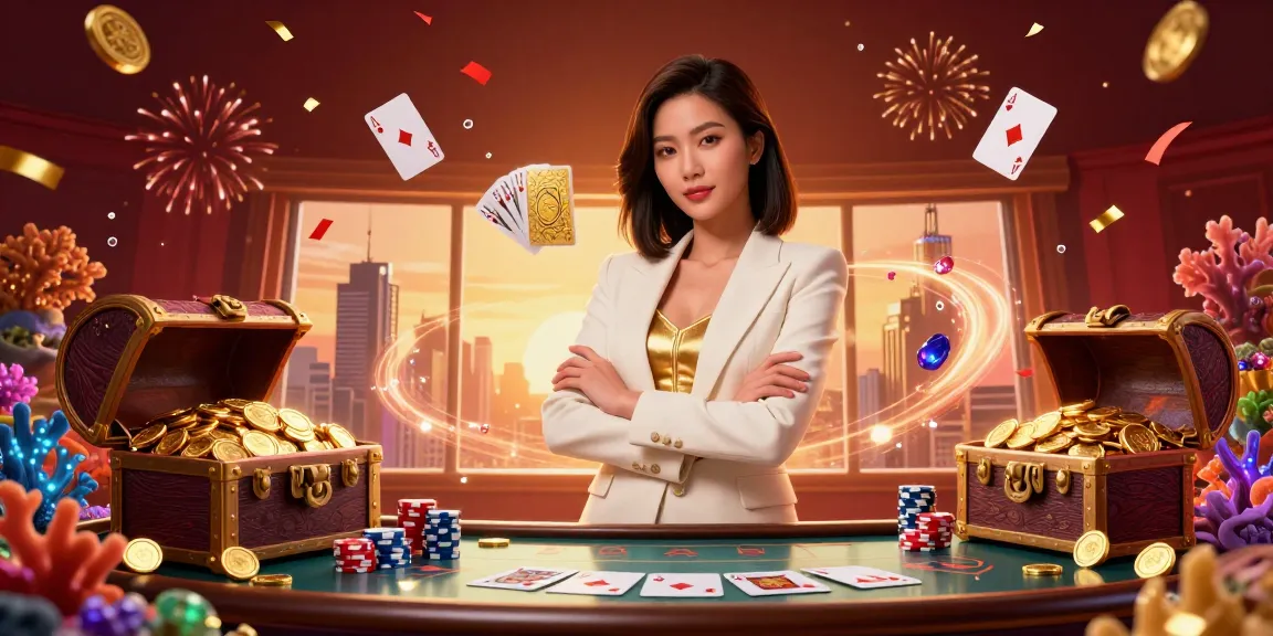 Siti non AAMS mostrano una donna asiatica professionale che tiene elegantemente un mazzo di carte in un vivace ambiente di casinò.