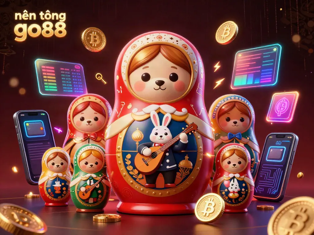 Engage in vibrant gameplay at nền tảng go88 featuring a delightful 3D cartoon Matryoshka bear and casino elements.