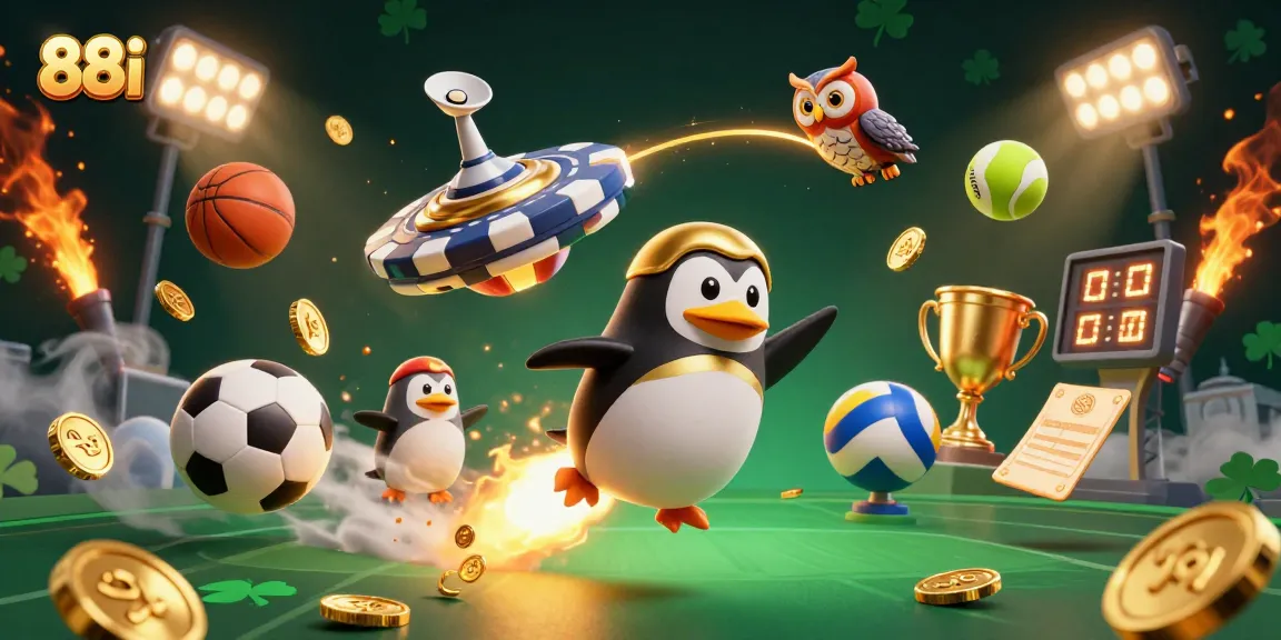 Experience 88i action with a vibrant 3D scene showcasing a penguin, golden coins, and sports elements in gaming.