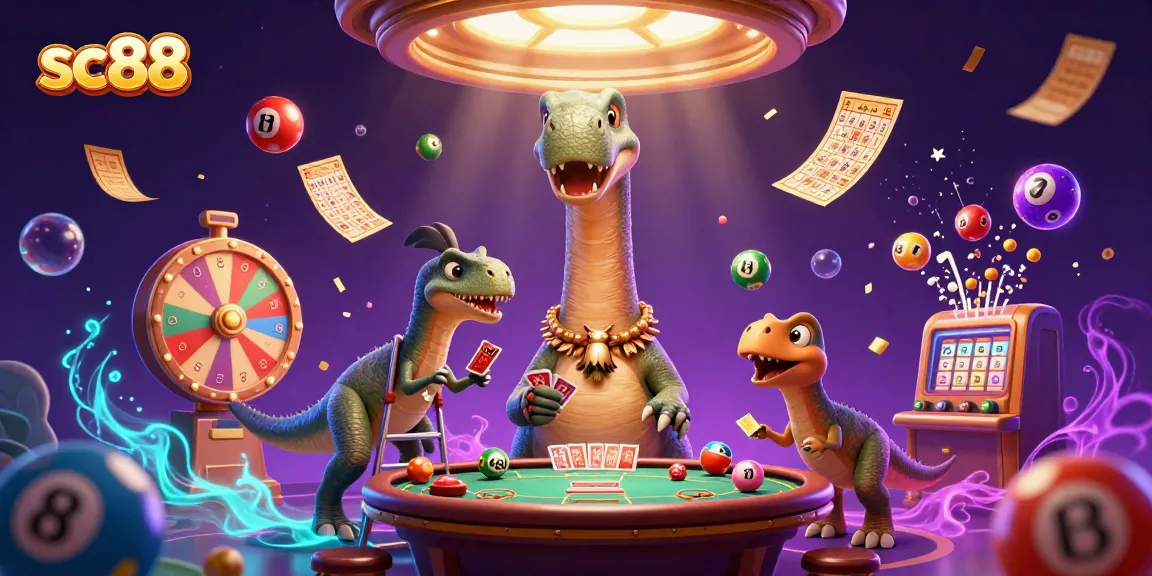 sc88 showcases a fun casino scene with a giant dinosaur and dynamic lottery elements.