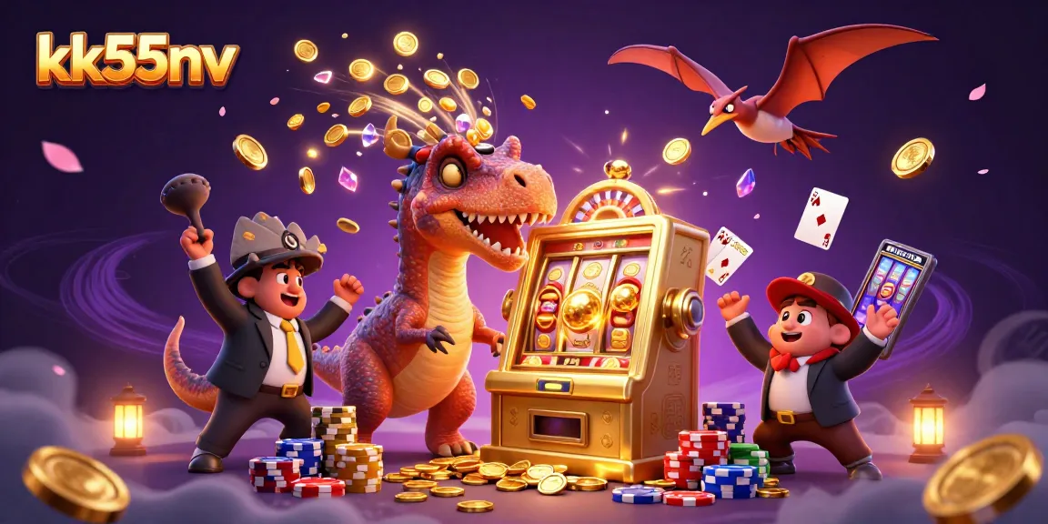 kk55nv showcases a vibrant casino scene with dinosaurs and gold coins scattering amidst slot machines.