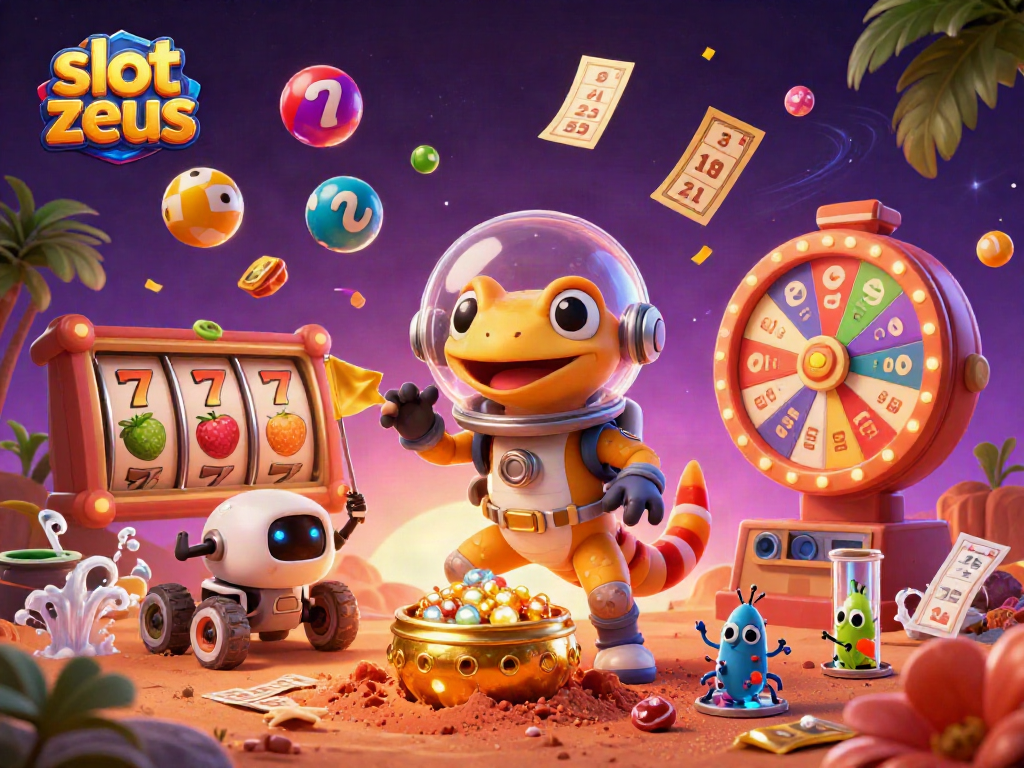Experience slot zeus excitement with a Martian gecko uncovering a golden casino on Mars.