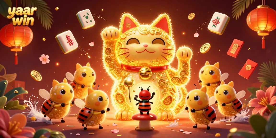 Experience the excitement of yaar win with a vibrant 3D illustration featuring lucky cat symbols and casino themes.