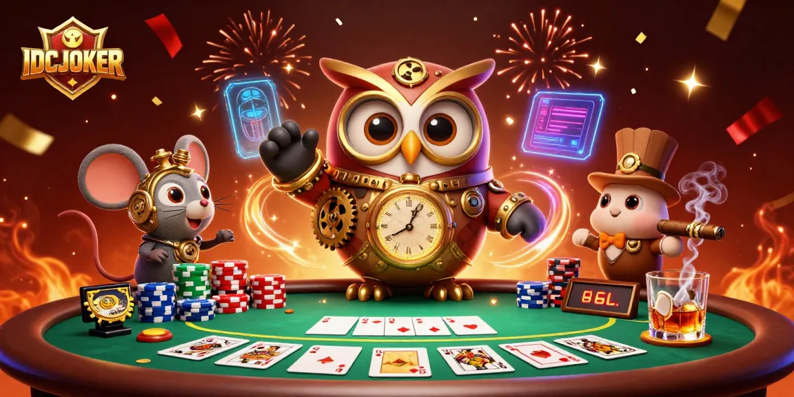 IDCJOKER features a 3D cartoon owl and mouse in a vibrant casino setting, playing poker.