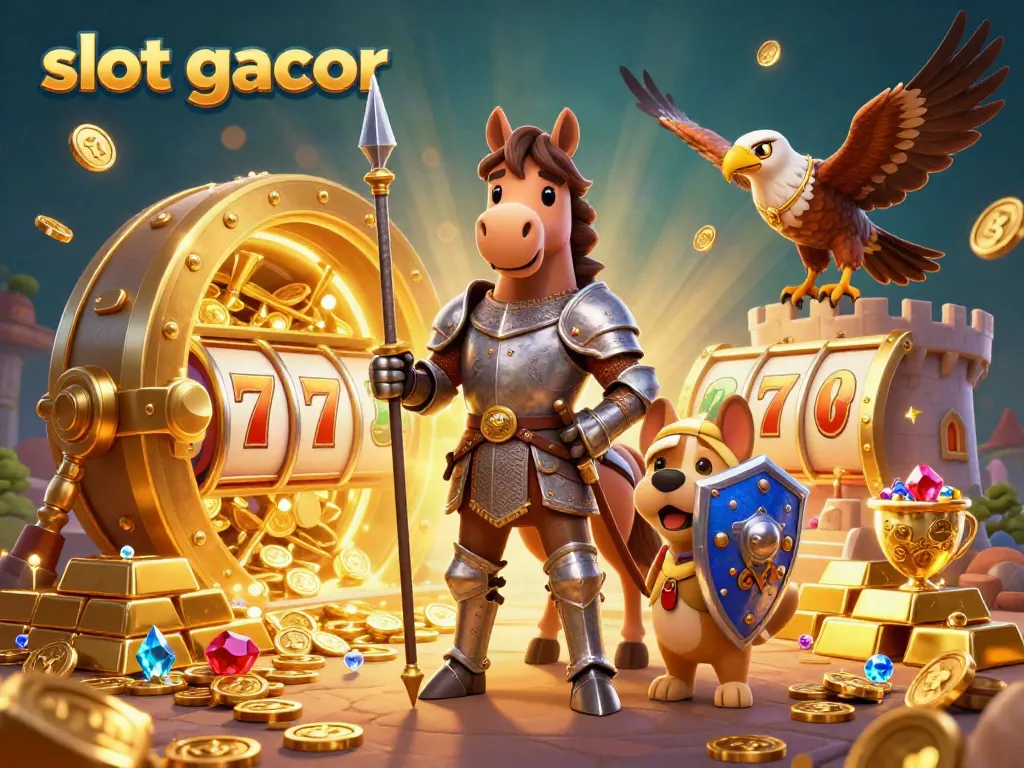 Engage with slot gacor amidst knights, treasure, and jewels in this vibrant casino-themed illustration.