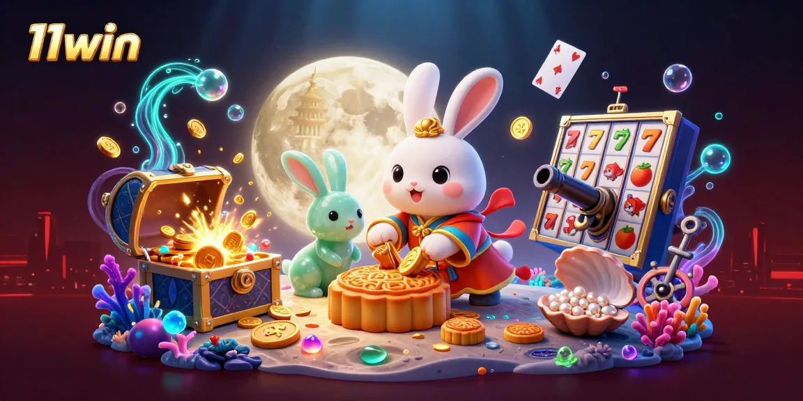 Engage with the 11win casino experience: a vibrant scene featuring a moon rabbit and poker chips.