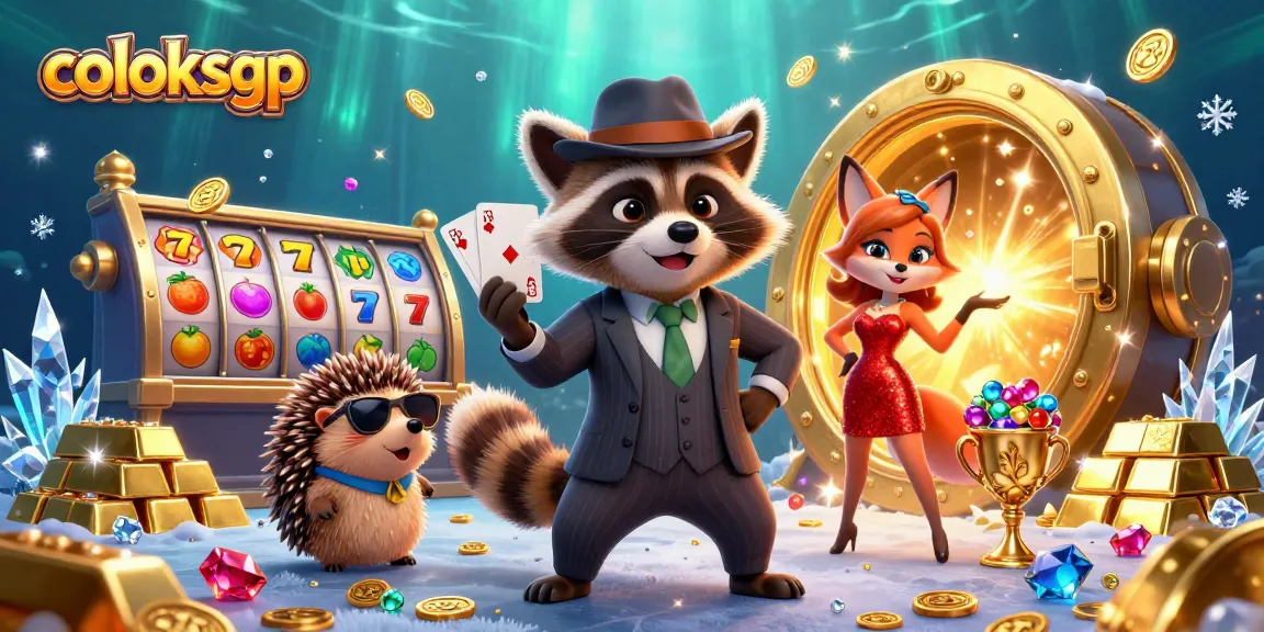 Experience the thrill of coloksgp with a vibrant casino scene featuring a stylish raccoon and fox amidst slot elements.