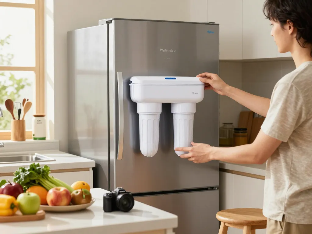Waterdrop 5231JA2002A Refrigerator Water Filter installation process in a bright home kitchen with fresh produce.