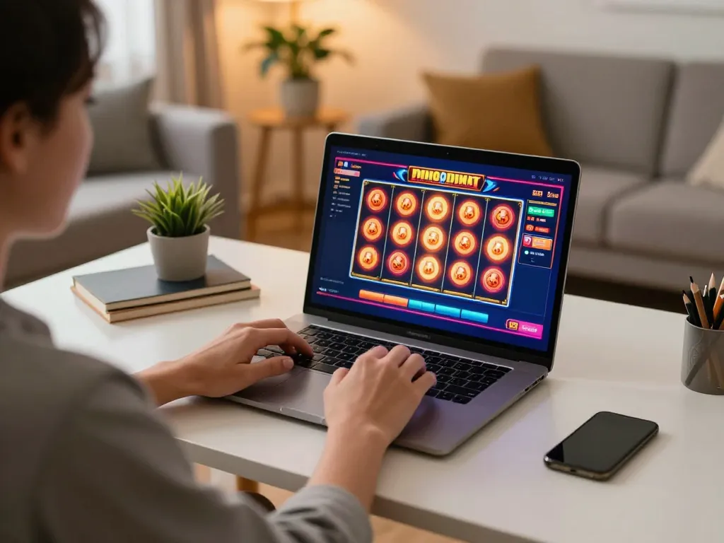 Engaged player at a home desk enjoying an online slot game at nhà cái 98win, with vibrant visuals and cozy atmosphere