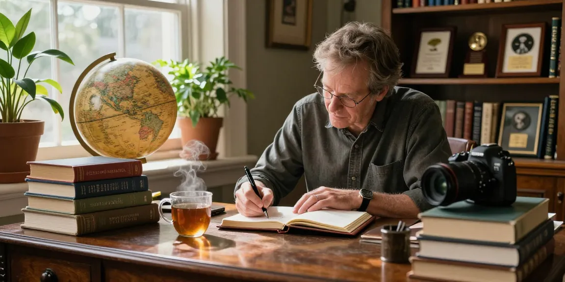T Allen Greenfield writing at his desk about UFO spirituality on https://tallengreenfield.com, with books and awards around.