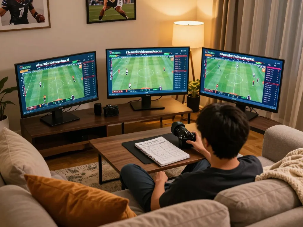 Person engaging with nhandinhkeonhacai for strategic sports betting analysis at home