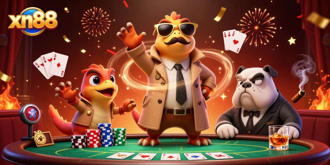 Experience xn88 with raptors in a trench coat entering a VIP casino lounge filled with poker excitement.