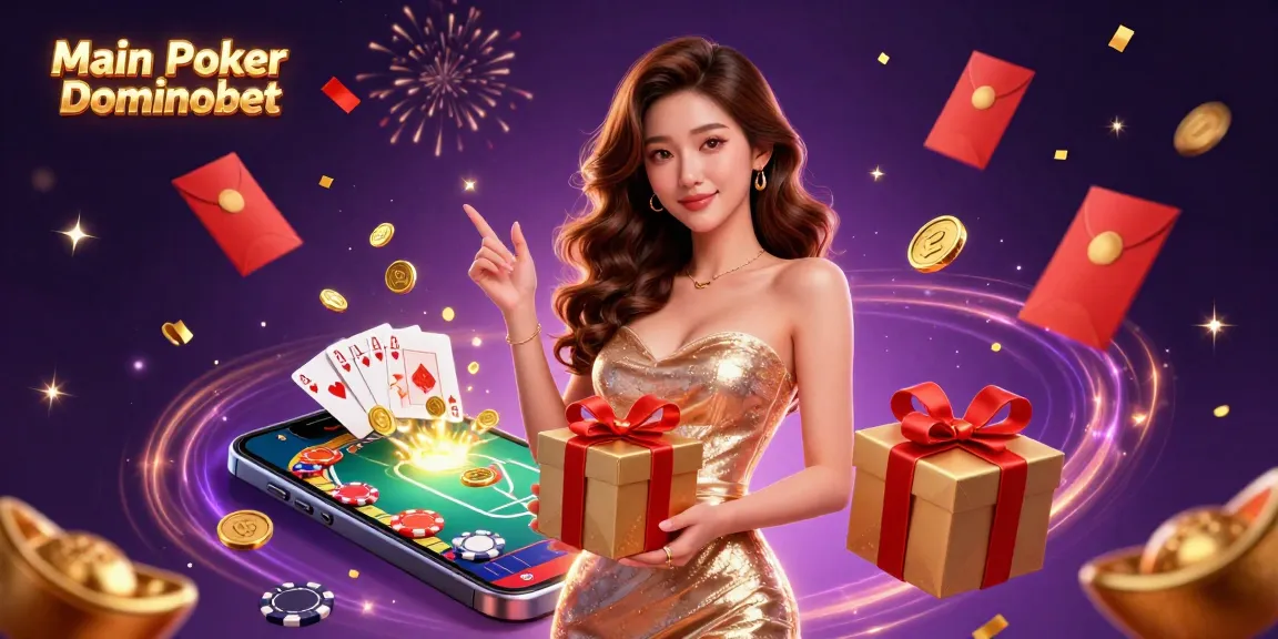 Main Poker Dominobet showcases a stunning 3D illustration of a welcoming Asian woman celebrating in a vibrant poker-themed environment.