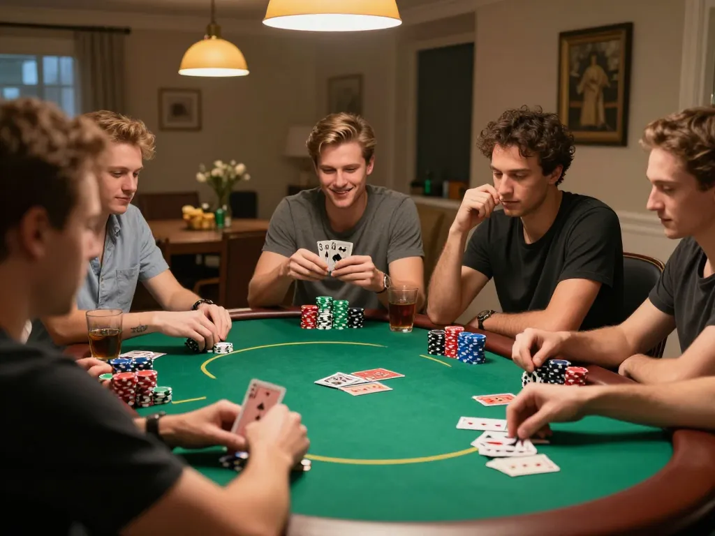 Friends enjoying a thrilling poker night at home with cloud-africa ambiance, showcasing chips and strategy in play.